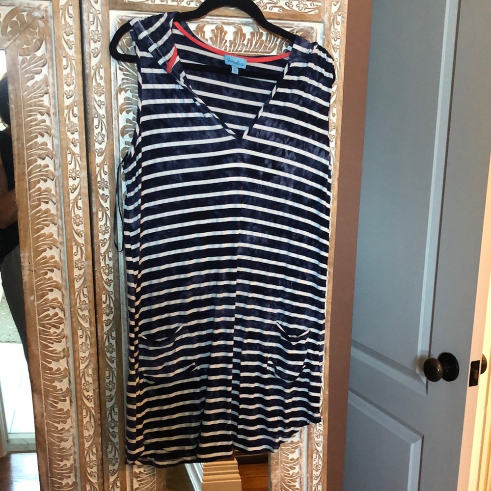 Navy and White Striped Sleeveless Hooded Coverup